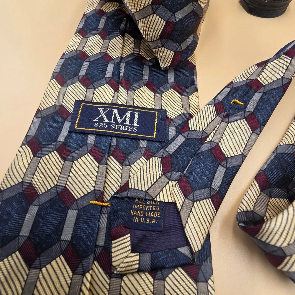 XMI 325 Series Silk Tie Mens Geometric Honeycomb Navy Blue Burgundy Hand Made